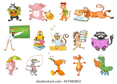 Set of animals walking with backpack to school, reading books, jumping with skipping rope, playing flute, dancing, working with chemical equipment. Vector illustration isolated on white background.