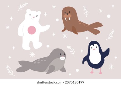 Conjunto de animales. Walrus, foca, pingüino, oso polar. Ártico, polo de invierno, frío. Vida silvestre, personajes para imprimir en camisetas infantiles. Ilustraciones del vector plano de dibujos animados aisladas en fondo marrón