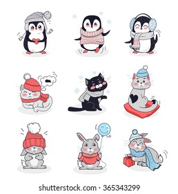 Set animals in warm clothes design flat. Rabbit and penguin, animals vector, cartoon animals, animal clothing scarf, bunny wear in warm hat, bunny clothing comfort, animal hare and kitten illustration