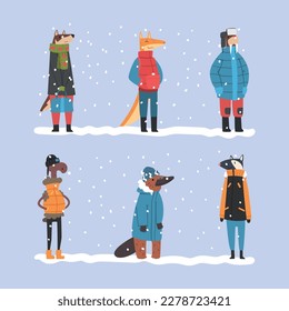 Set animals in warm winter clothes. Badger, dog,deer, platypus, seal, walking outdoors in cold weather cartoon vector