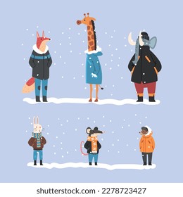 Set animals in warm winter clothes. Fox, giraffe, elephant, rabbit, mouse, hedgehog walking outdoors in cold weather cartoon vector