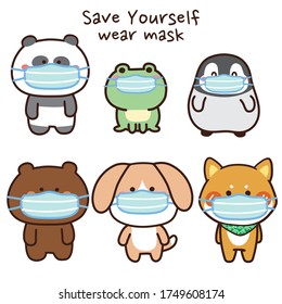 Set of animals wearing face mask protect from virus,dust.Cute cartoon hand drawn.Kawaii.Vector.Illustration.