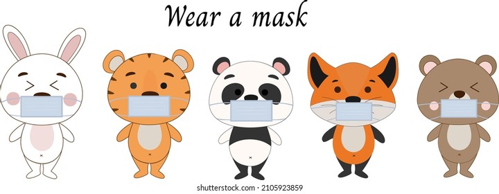 Set of animals wearing face mask protect from virus. Cute cartoon animals. Vector Illustration.