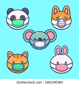 Set of Animals Wearing Mask Vector Icon Illustration. Animals Mascot Cartoon Character White Isolated. Flat Cartoon Style Suitable for Web Landing Page, Banner, Flyer, Sticker, Card