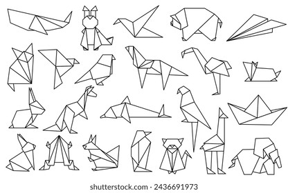 Set of animals white in flat style origami. Japanese origami paper animal shape geometric illustration