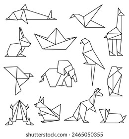 Set of animals white in flat style origami. Japanese origami paper animal shape geometric illustration