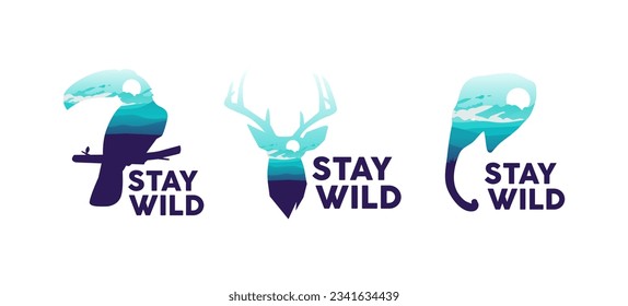 Set of animals wild illustration, deer and parrot and elephant, Stay Wild