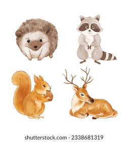 set of animals wildlife cartoon watercolor