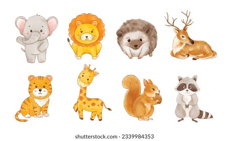 set of animals wildlife cartoon watercolor