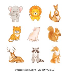 set of animals wildlife cartoon watercolor