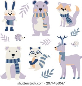 A set of animals, a winter forest, illustrations of animals, a bear, a fox, a raccoon, a hare, a hedgehog, cute animals for illustration and postcards, beautiful winter colors on a nuance.