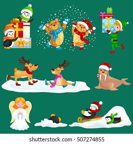 set animals winter holiday penguins presents, North Polar bears, green elf randdeer skating,animal walrus,vector angel.Merry Christmas and Happy New Year