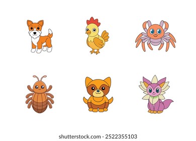 Set of Animals Wire Fox Terrier, Wiwaxia, Wolverine, Wood Tick, Writing Spider, Wyandotte Chicken Vector Illustration