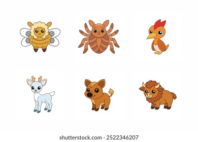 Conjunto de animales Abeja de lana-cardadora, araña de Woodlouse, bisonte de madera, pájaro carpintero, ciervo de cola blanca, jabalí Ilustración vectorial - dibujos animados, Clipart y diseño de arte de línea