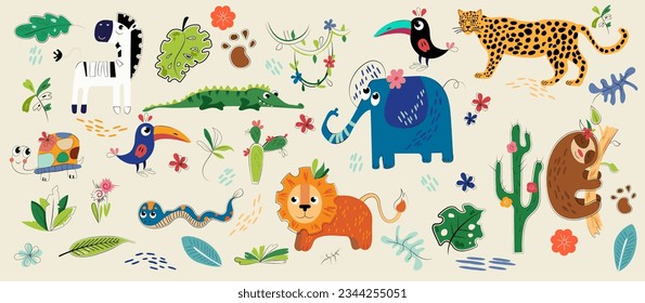 Set of animals Zebra, pelican, turtle, snake, cactus, crocodile, sloth, elephant, leopard, cactus, liana  objects and textures. Hand-drawn art for poster, card or background. Isolated flat vector