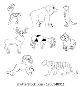 Set of animals-tiger, bear, hippo, fawn, lion, deer, cow, meerkat on a white background,doodle.Animals can be used in children's book illustrations, coloring pages.notebook covers,textiles.
