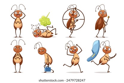 Set Of Animated Cartoon Cockroach Characters Displaying Different Emotions And Actions. Vector Illustrations