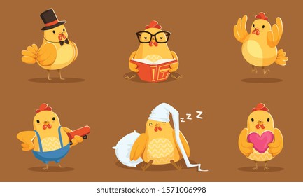 Set Of Animated Chicken In Different Actions Vector Illustration Cartoon Character