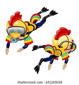 A set of animated divers girls with costume of colorful chickens isolated on white background. Vector cartoon close-up illustration.