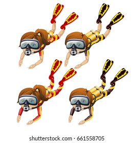 A set of animated divers isolated on white background. Girls and boys swim underwater in diving suits with aqualung. Vector cartoon close-up illustration.