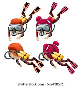 A set of animated divers isolated on white background. Girls and boys swim underwater in diving suits with aqualung. Vector cartoon close-up illustration.