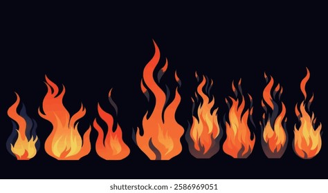 Set of animated fire flames, with a range of motion and colors on a black background.