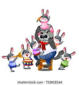 A set of animated happy little bunnies in clothes playing with wolf isolated on white background. Vector cartoon close-up illustration.