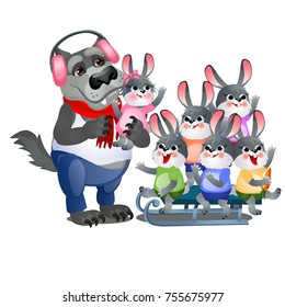 A set of animated happy little bunnies in clothes playing with wolf in pink headphones and sledding isolated on white background. Vector cartoon close-up illustration.