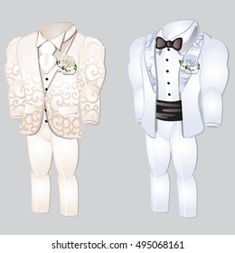 Set of animated men's clothing. Groom suit for wedding celebration isolated on a gray background. Vector close-up cartoon illustration.
