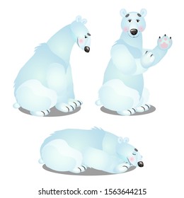 A set of animated polar bears isolated on white background. Sample of poster, party holiday invitation, festive card. Vector cartoon close-up illustration.