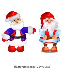 Set of animated Santa Claus in red and blue Christmas costume isolated on white background. Sample of poster, party invitation and other card. Vector cartoon close-up illustration
