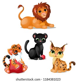 A set of animated wild cats in Savannah isolated on white background. Vector cartoon close-up illustration.