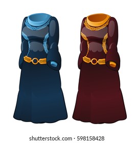 A set of animated women's vintage elegant dresses isolated on white background. Vector close-up cartoon illustration.
