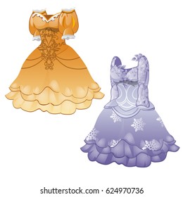 A set of animated women's vintage elegant dresses isolated on white background. Vector close-up cartoon illustration.