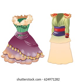 A set of animated women's vintage elegant dresses isolated on white background. Vector close-up cartoon illustration.