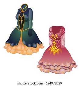 A set of animated women's vintage elegant dresses isolated on white background. Vector close-up cartoon illustration.