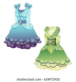 A set of animated women's vintage elegant dresses isolated on white background. Vector close-up cartoon illustration.