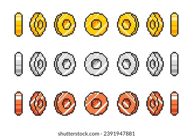 Set of animation 8-bit pixel coin. Coins of gold, silver and bronze, for animation  8-bit retro video game. Game ui coins rotation stages.