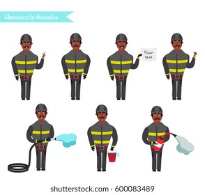 Set for animation of African American firefighters in uniform, protective suit with axe, cartoon vector illustration isolated on white background. Young firefighter, fireman set. 