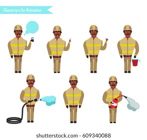 Set for animation of African American firefighters in uniform, protective suit with axe, cartoon vector illustration isolated on white background. Young firefighter, fireman set. 