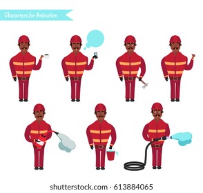 Set for animation of African American firefighters in uniform, protective suit with axe, cartoon vector illustration isolated on white background. Young firefighter, fireman set.