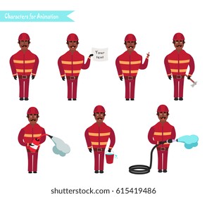 Set for animation of African American firefighters in uniform, protective suit with axe, cartoon vector illustration isolated on white background. Young firefighter, fireman set. 