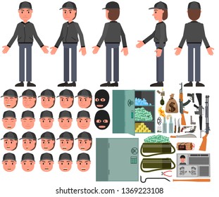 Set for animation. Criminal and his tools. Vector illustration, flat til pattern. Isolated on a white background.