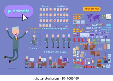 Set for animation elderly businessman character. Animation of sounds, emotions. View straight, side, back, half-turn. Body parts elements for animation. Set for interior and environment.