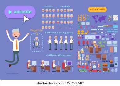 Set for animation elderly businessman character. Animation of sounds, emotions. View straight, side, back, half-turn. Body parts elements for animation. Set for interior and environment.