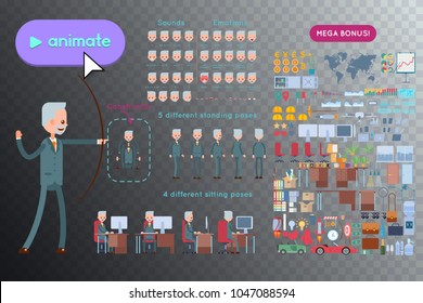 Set for animation elderly businessman character. Animation of sounds, emotions. View straight, side, back, half-turn. Body parts elements for animation. Set for interior and environment.