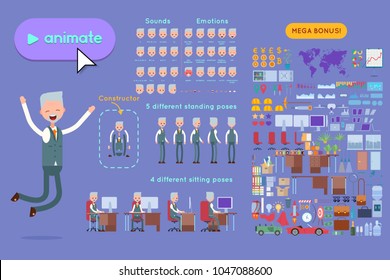 Set for animation elderly businessman character. Animation of sounds, emotions. View straight, side, back, half-turn. Body parts elements for animation. Set for interior and environment.