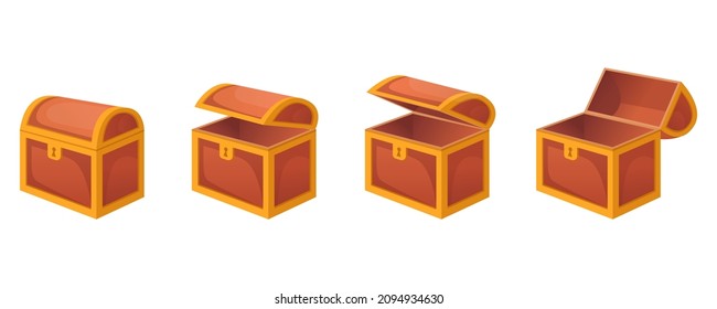 Set of animation of empty wood chest for treasure. Vector illustrations of opening old box. Cartoon open and closed pirate crate with lock isolated on white. Game UI, fantasy, luck and wealth concept