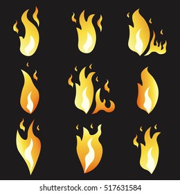 Set of animation fire and illustration of various fire. Cartoon and flat style. Explosion animation frames. Vector illustration. Black background.