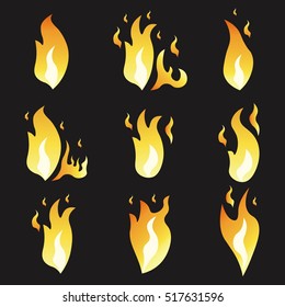 Set of animation fire and illustration of various fire. Cartoon and flat style. Explosion animation frames. Vector illustration. Black background.